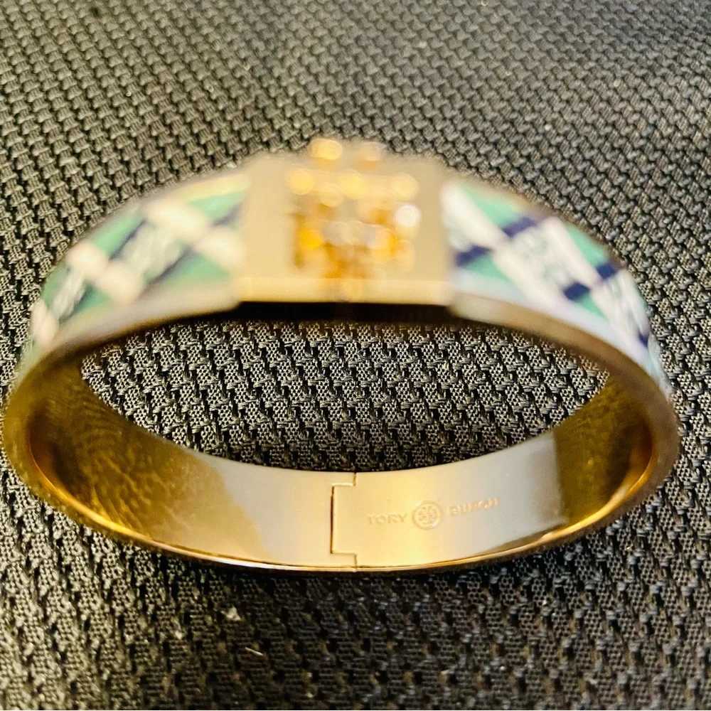 Tory Burch-1” Leather Inlay Hinge Bracelets in Blue/Green Tartan/ or Blue Tartan